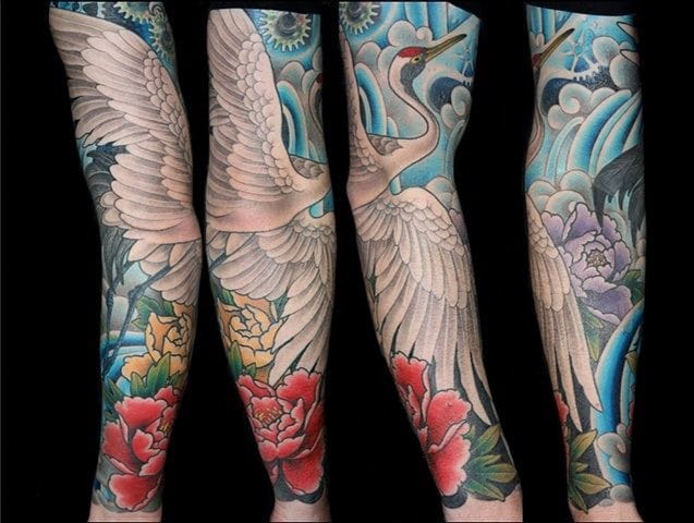 Crane Tattoo On Arm Sleeve by Johan Finne