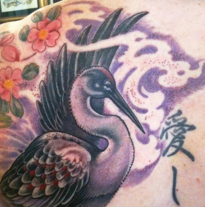 Crane Tattoo On Left Back Shoulder