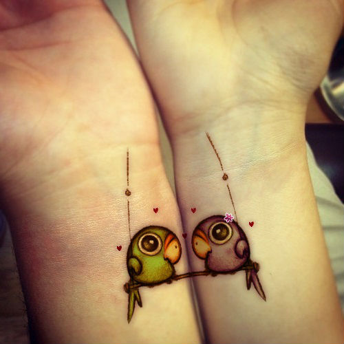 Creative Cute Tiny Birds Matching Tattoos On Wrists
