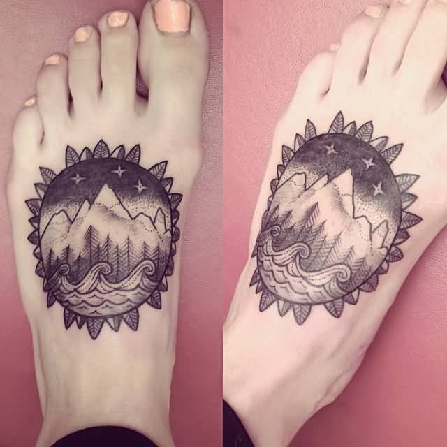 Creative Mountains Sea Tattoo On Foot By Ana Work