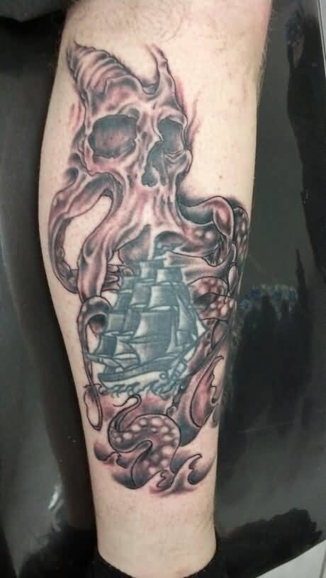 Cthulhu Caught Ship Tattoo On Side Leg