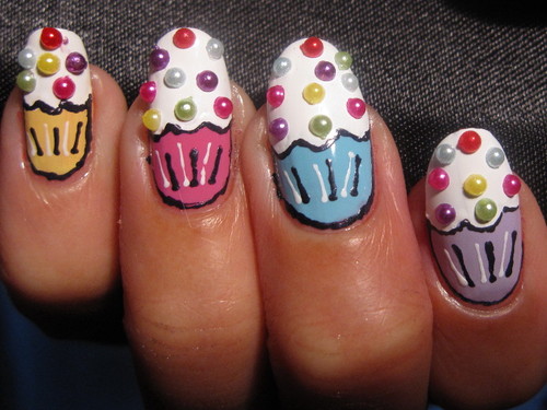 Cupcake Nails With Colorful Rhinestones Design
