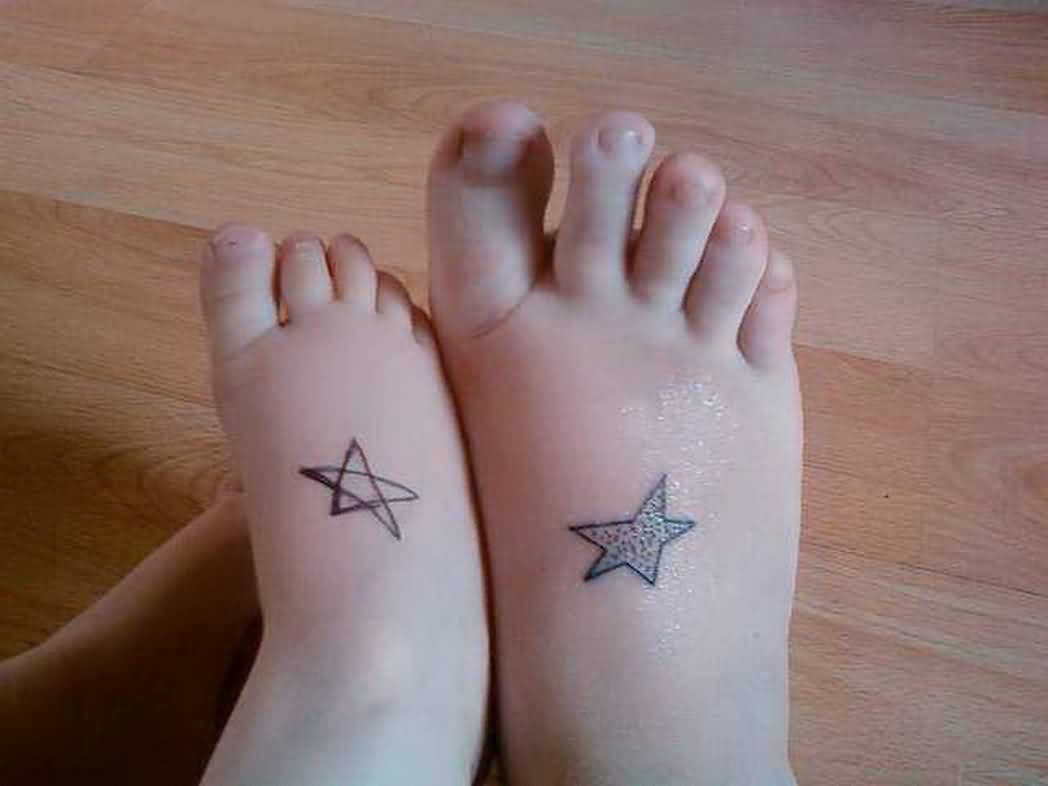 Cute And Small Stars Matching Tattoo On Foots For Kids
