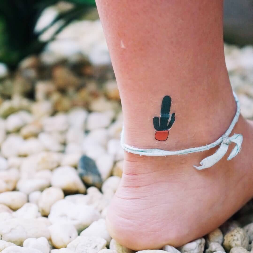 Cute And Smallest Cactus Tattoo On Ankle