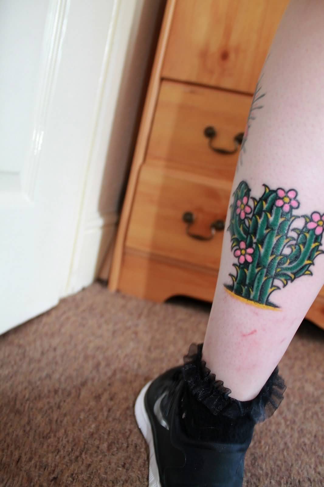 Cute Cactus Back Leg Traditional Tattoo