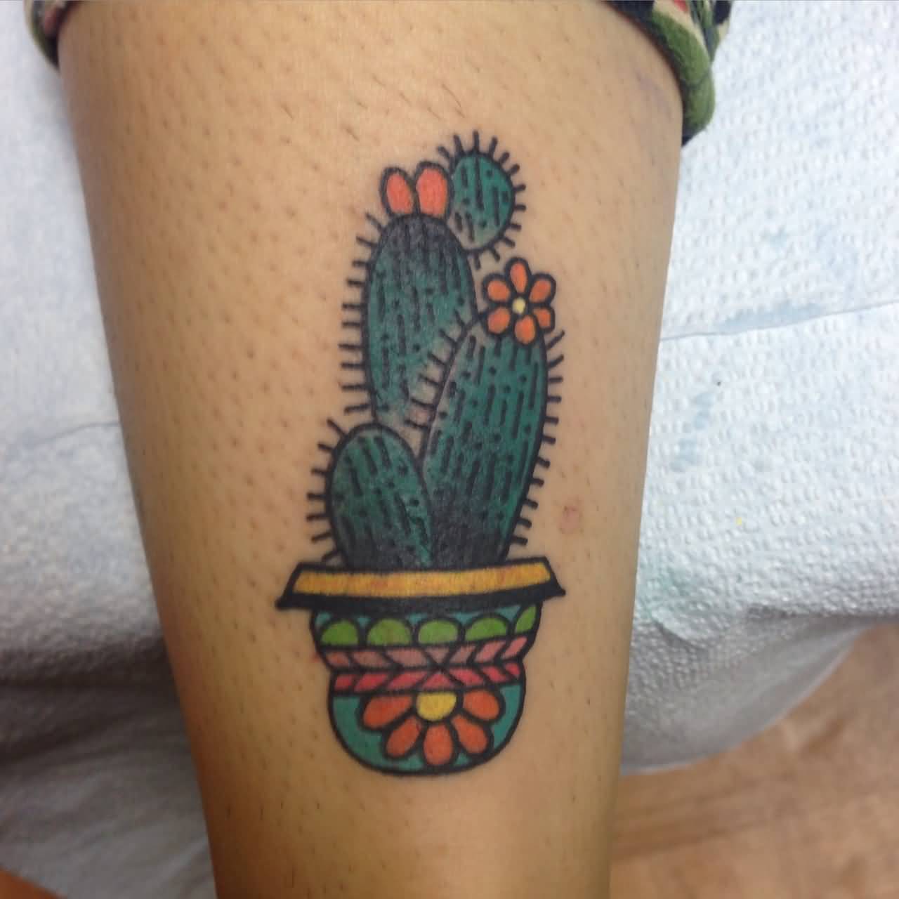 Cute Cactus With Pot Traditional Tattoo By Nikki Jo