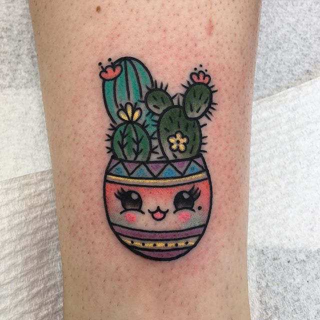 Cute Cactus With Smiley Face On Pot Traditional Tattoo