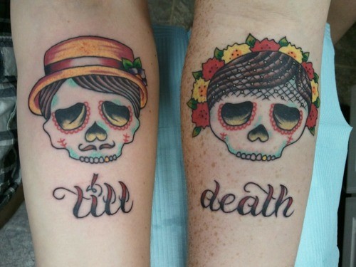 Cute Couple Sugar Skulls With Till Death Wording Matching Tattoos On Forearms