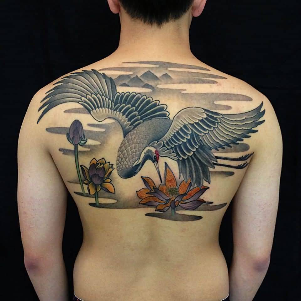 Cute Crane Tattoo On Upper Back For Women