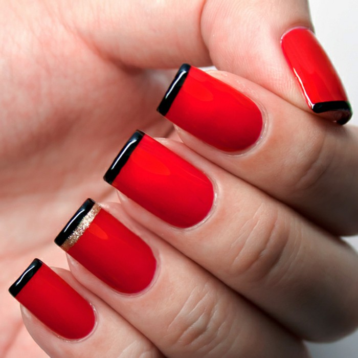 Cute Glossy Red Nails With Black French Tip Nail Art
