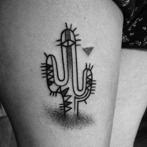 Cute Grey Ink Cactus With Little Triangle And Eye Tattoo On Thigh