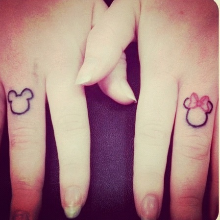 Cute Mickey And Minnie Mouse Outline Matching Tattoos On Fingers