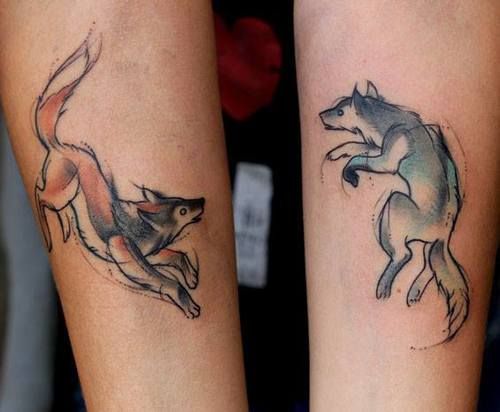 Cute Sketchy Wolfs Matching Tattoos On Forearms
