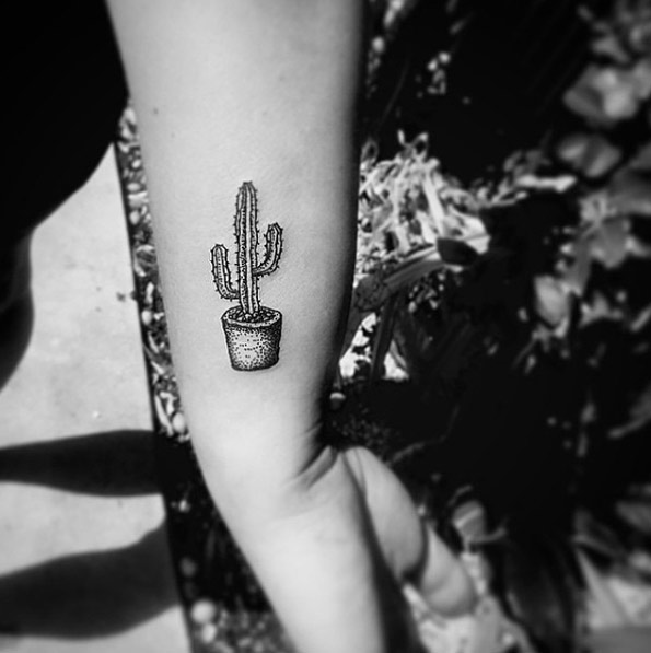 Cute Small Cactus In Pot Tattoo On Wrist