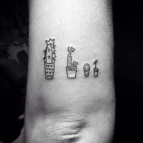 Cute Small Cactus With Flowers Outline Tattoo