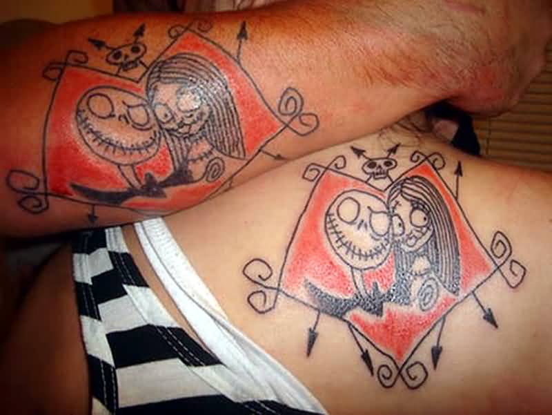 Cute Stitched Couple In Design Matching Tattoos On Arm Sleeve And Nape