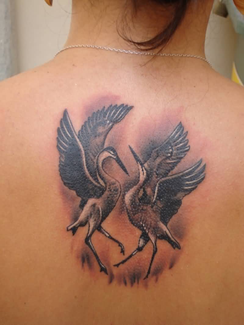 Dancing Crane Tattoos On Upper Back by Scottytat2