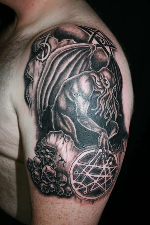 Dark Ink Cthulhu Tattoo On Left Shoulder