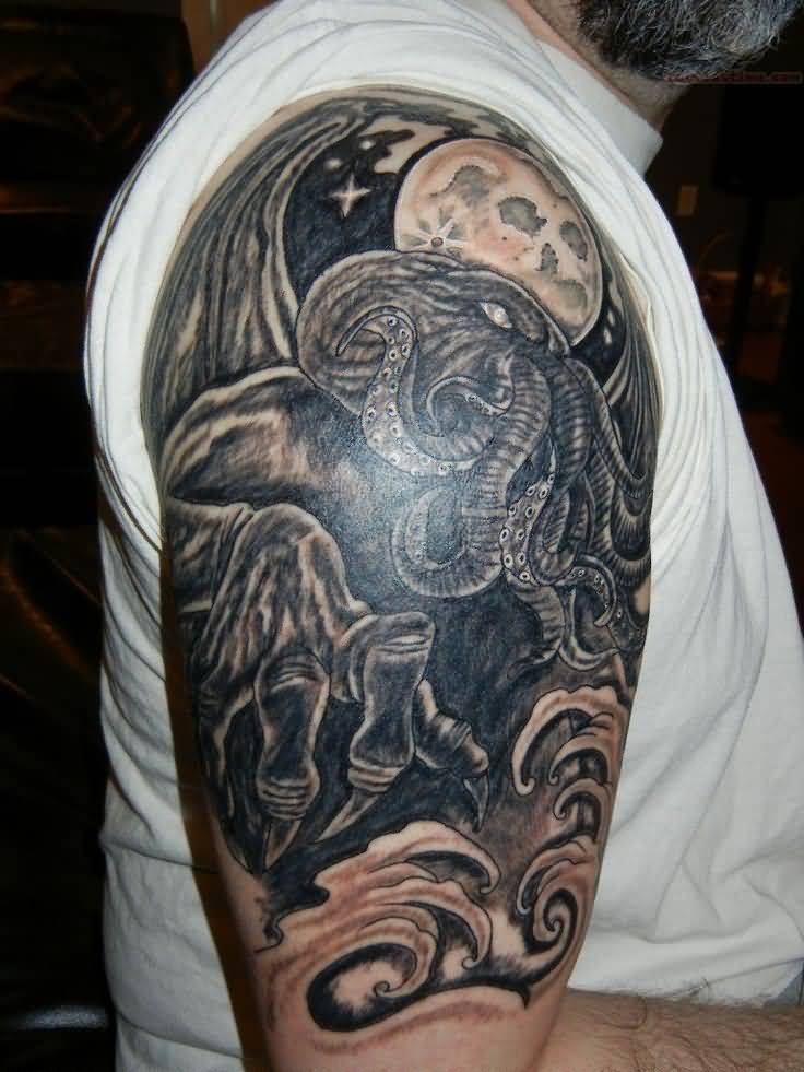 Dark Ink Cthulhu Tattoo On Right Half Sleeve For Men