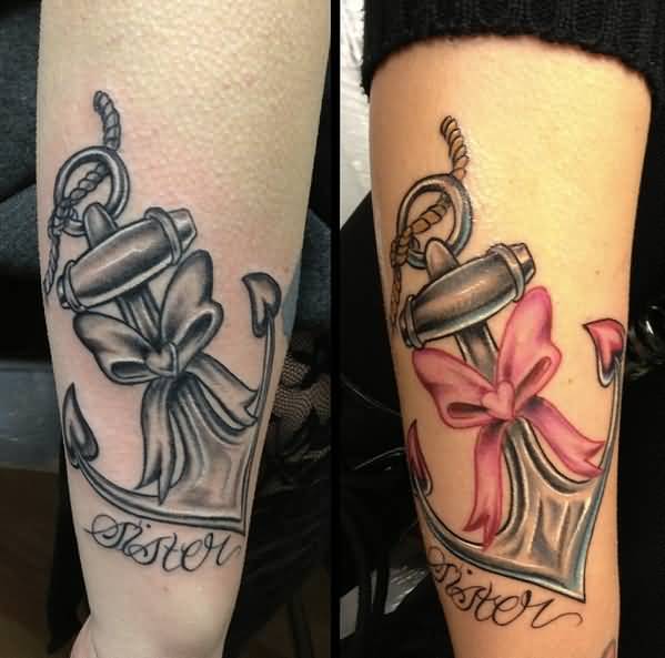 Different Colored Anchor With Ribbon Sister Matching Tattoos On Arm Sleeve