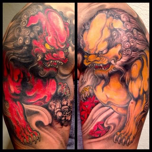 Different Colored Foo Dogs With Flowers Tattoos On Shoulder