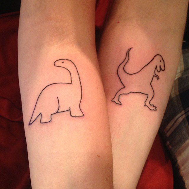 Dinosaurs Outline Matching Tattoos On Forearms