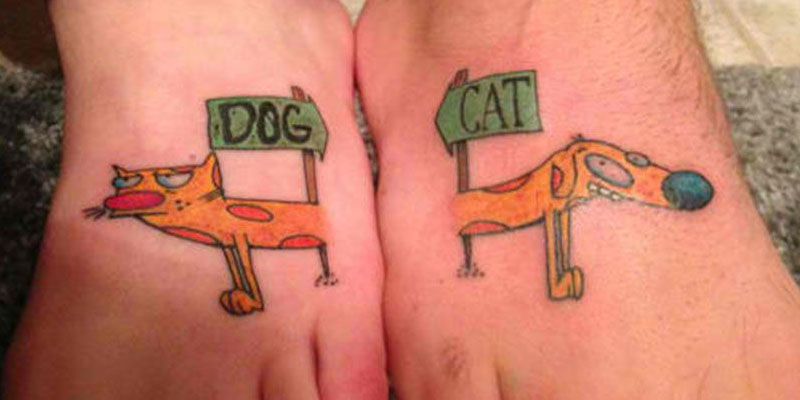 Dog And Cat Matching Tattoos On Foots