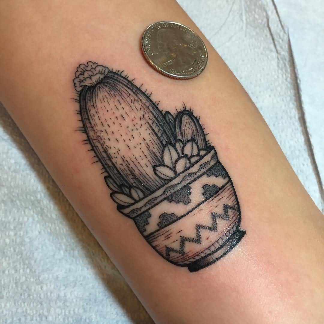 Dotwork Black And Grey Cactus In Pot Traditional Tattoo