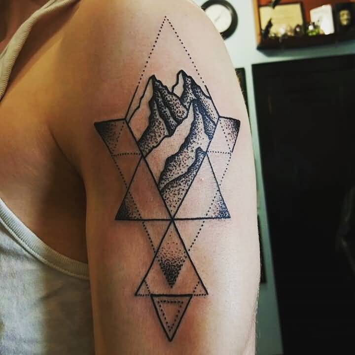 Dotwork Mountains Geometric Tattoo On Left Shoulder By Jerred Kinacaid