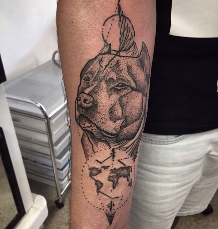 Dotwork Pitbull Dog Tattoo On Sleeve by Daniel Rozo