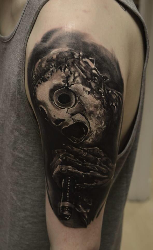 Excellent Black And White Slipknot Member Tattoo On Left Half Sleeve