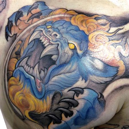 Extremely Angry Blue Color Foo Dog Tattoo