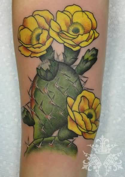Extremely Nice Cactus With Yellow Flowers Tattoo