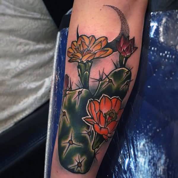 Extremely Nice Flowers With Prickly Pear Cactus Tattoo On Arm Sleeve