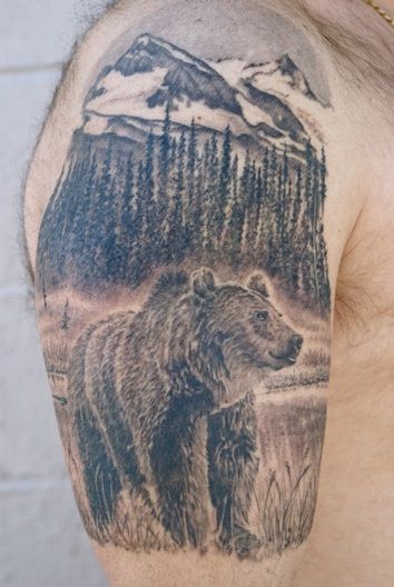 Extremely Nice Mountains With Bear And Pine Trees Tattoo On Right Half Sleeve