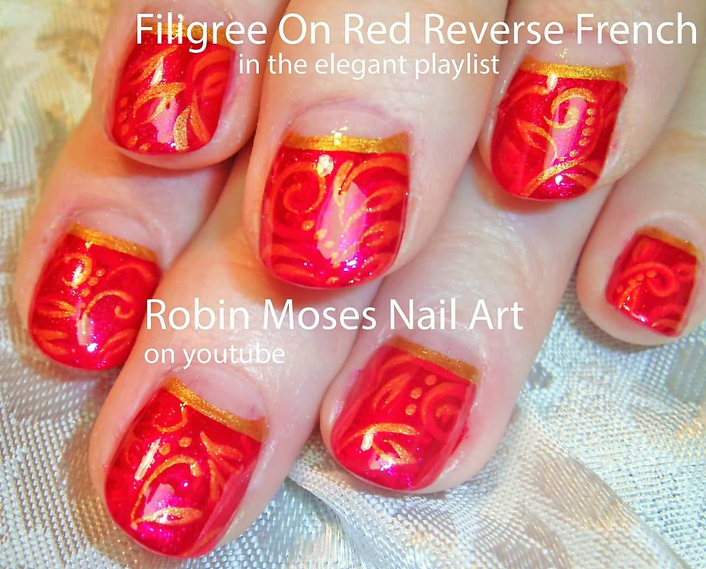 Filigree On Red Reverse French Tip Nail Art Design