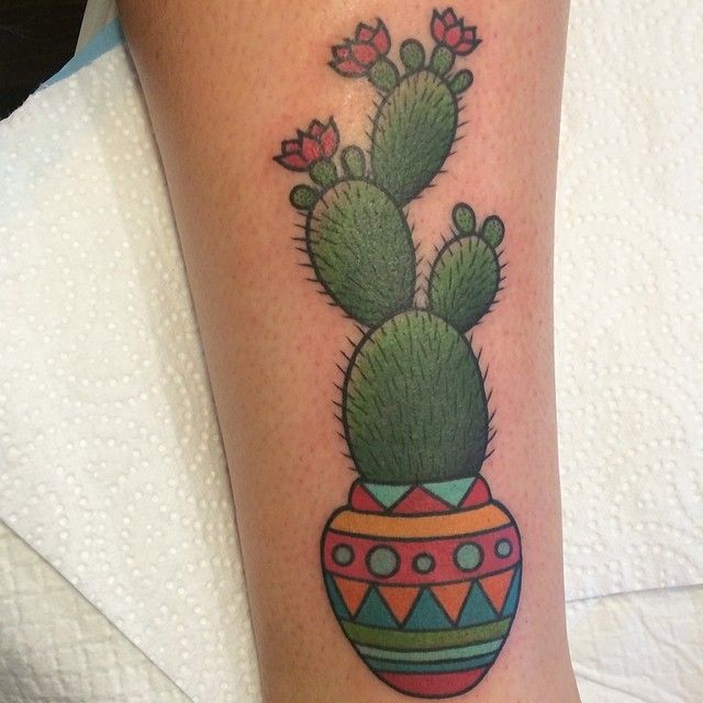 Flower Pot With Cactus And Flowers Tattoo By Clare Hampshire