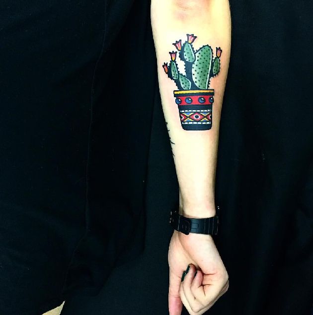 Flower Pot With Cactus And Flowers Tattoo On Arm Sleeve