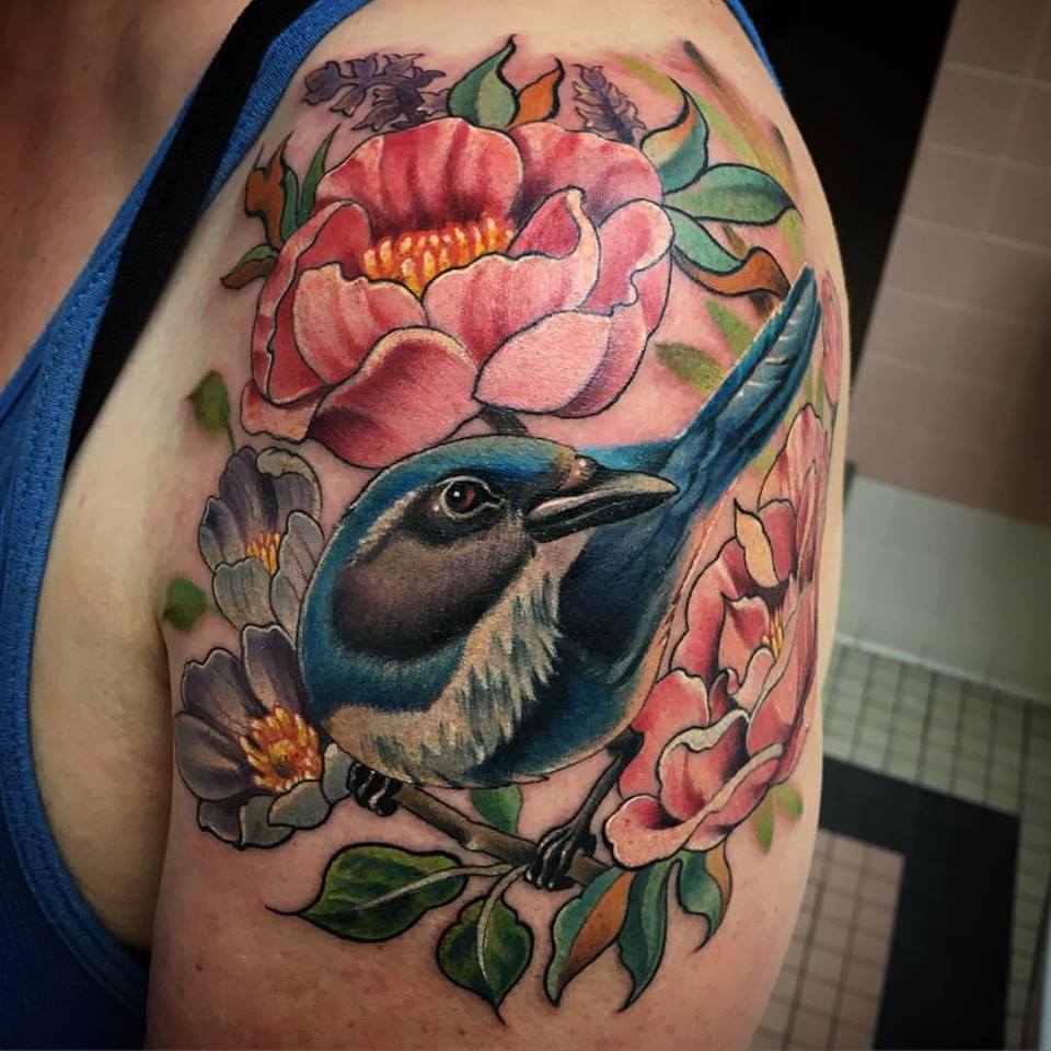 Flowers And Bird Tattoo On Left Shoulder by Melissa Fusco