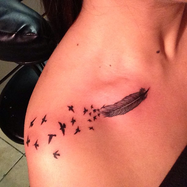 Flying Birds Feather Clavicle Tattoo