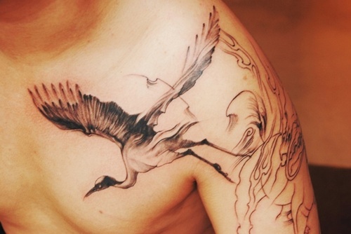 Flying Crane Tattoo On Front Shoulder