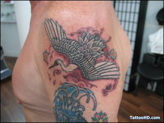 Flying Crane Tattoo On Left Shoulder