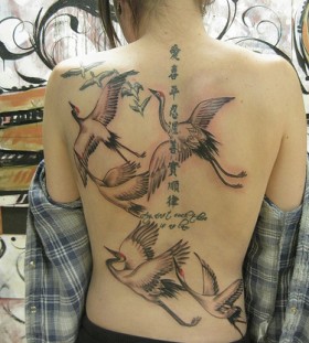 Flying Crane Tattoos On Back For Girls
