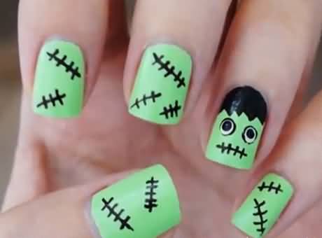 Frankenstein Face And Stitch Design Halloween Nail Art