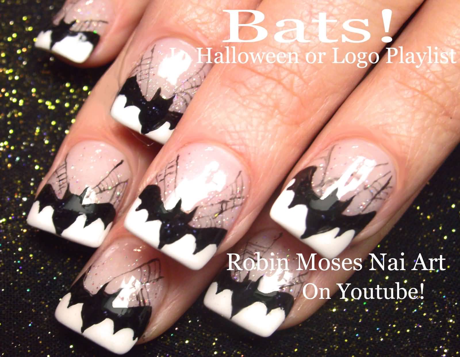 French Tip Bat Halloween Nail Art Design
