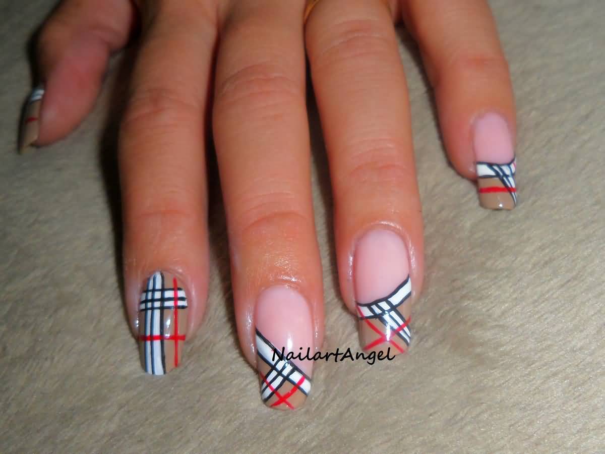 French Tip Burberry Print Nail Design