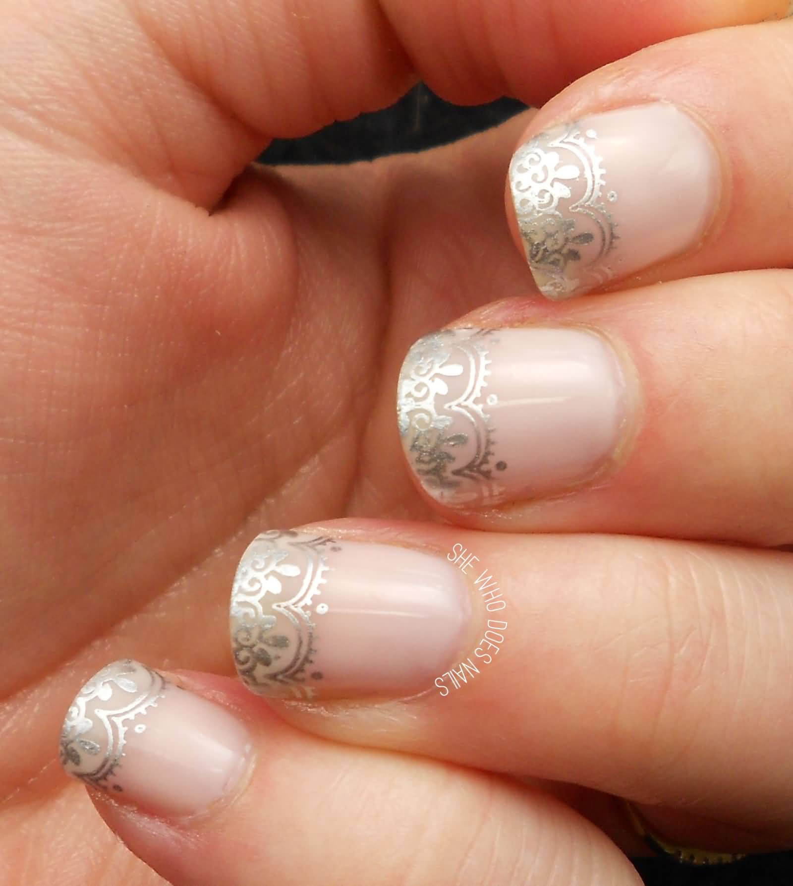 French Tip Silver Lace Design Wedding Nail Art