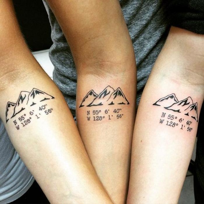 Friendship Small Mountains With Coordinates Tattoo On Forearms