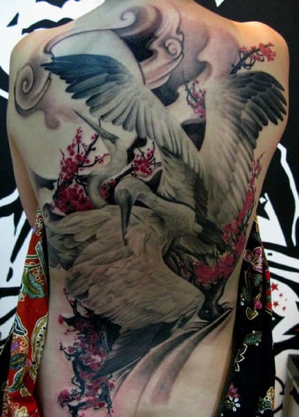 Full Back Crane Tattoos by Elvin Yong