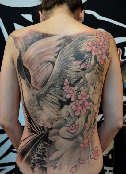 Full Back Japanese Flowers And Crane Tattoo